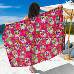 Pink Sugar Skull Pattern Print Beach Sarong Wrap