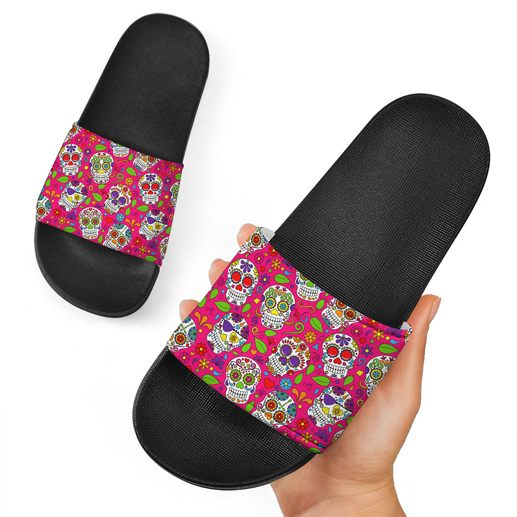 Pink Sugar Skull Pattern Print Black Slide Sandals