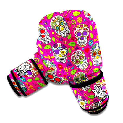 Pink Sugar Skull Pattern Print Boxing Gloves