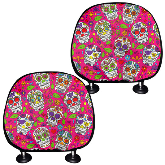 Pink Sugar Skull Pattern Print Car Headrest Covers