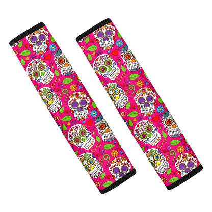 Pink Sugar Skull Pattern Print Car Seat Belt Covers