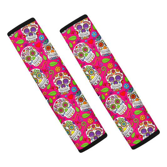Pink Sugar Skull Pattern Print Car Seat Belt Covers