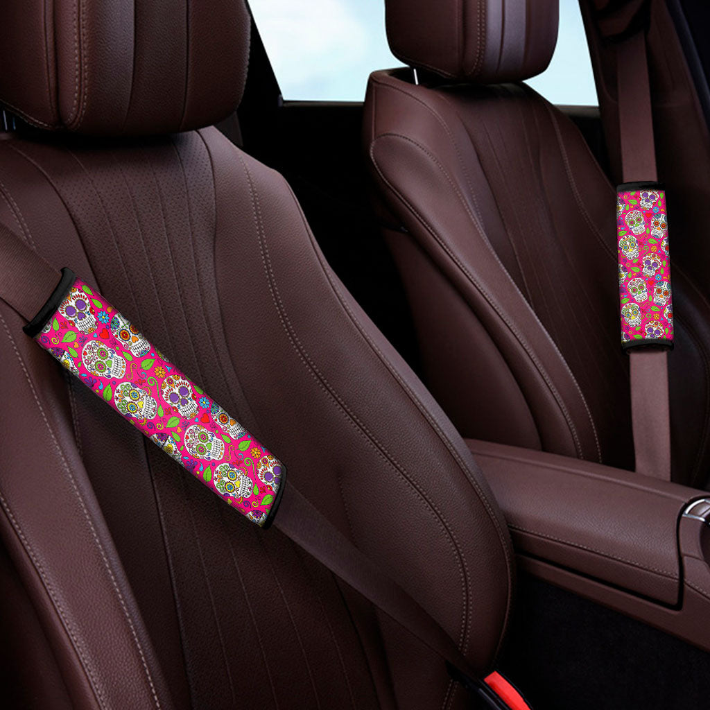 Pink Sugar Skull Pattern Print Car Seat Belt Covers