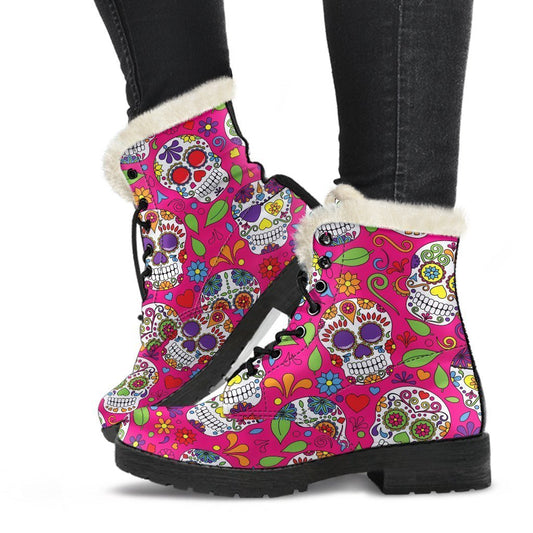 Pink Sugar Skull Pattern Print Comfy Boots GearFrost