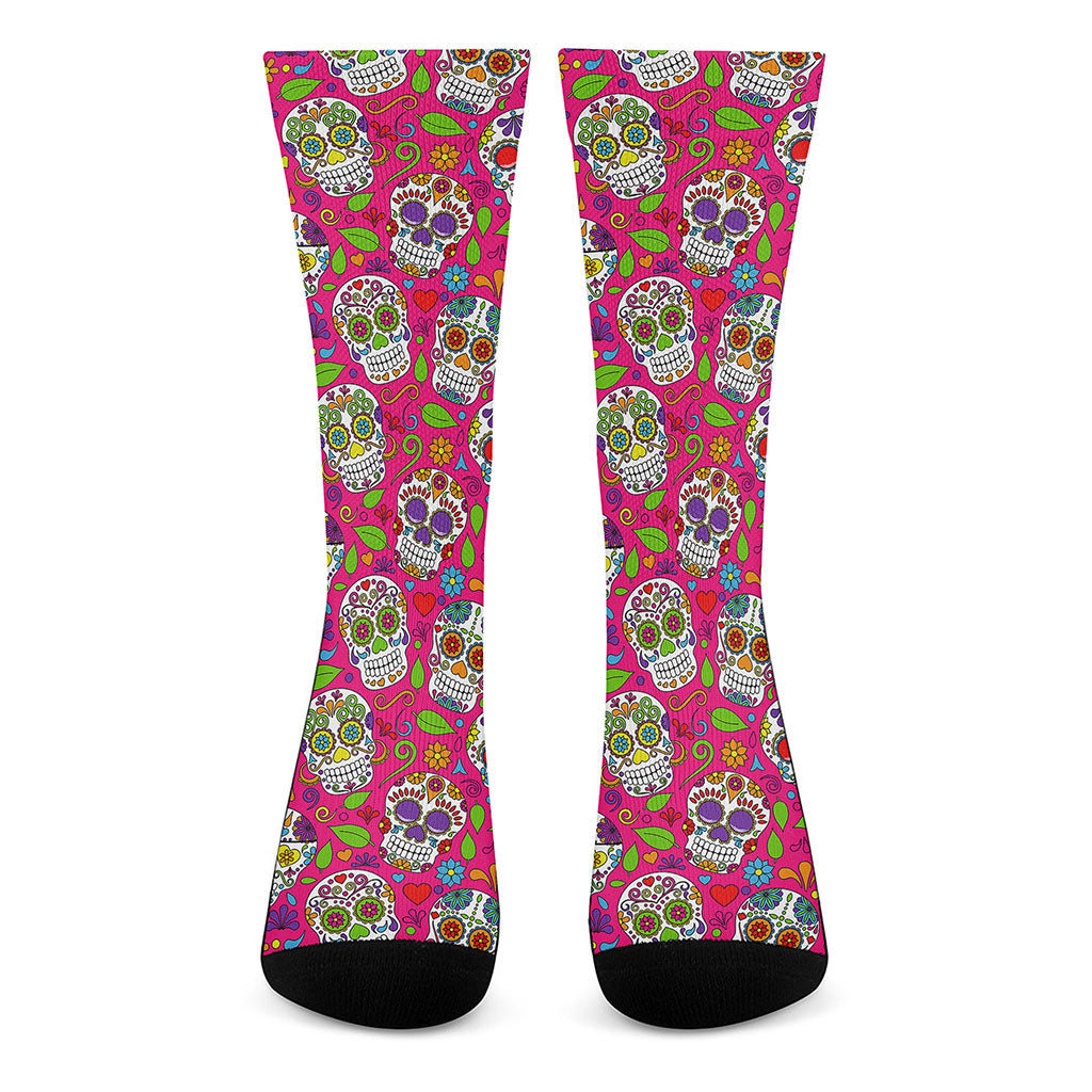 Pink Sugar Skull Pattern Print Crew Socks