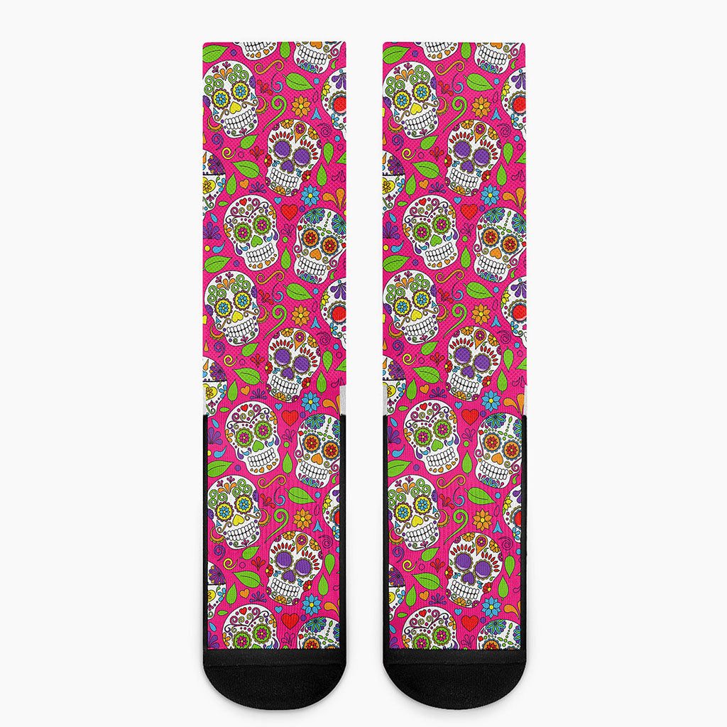 Pink Sugar Skull Pattern Print Crew Socks