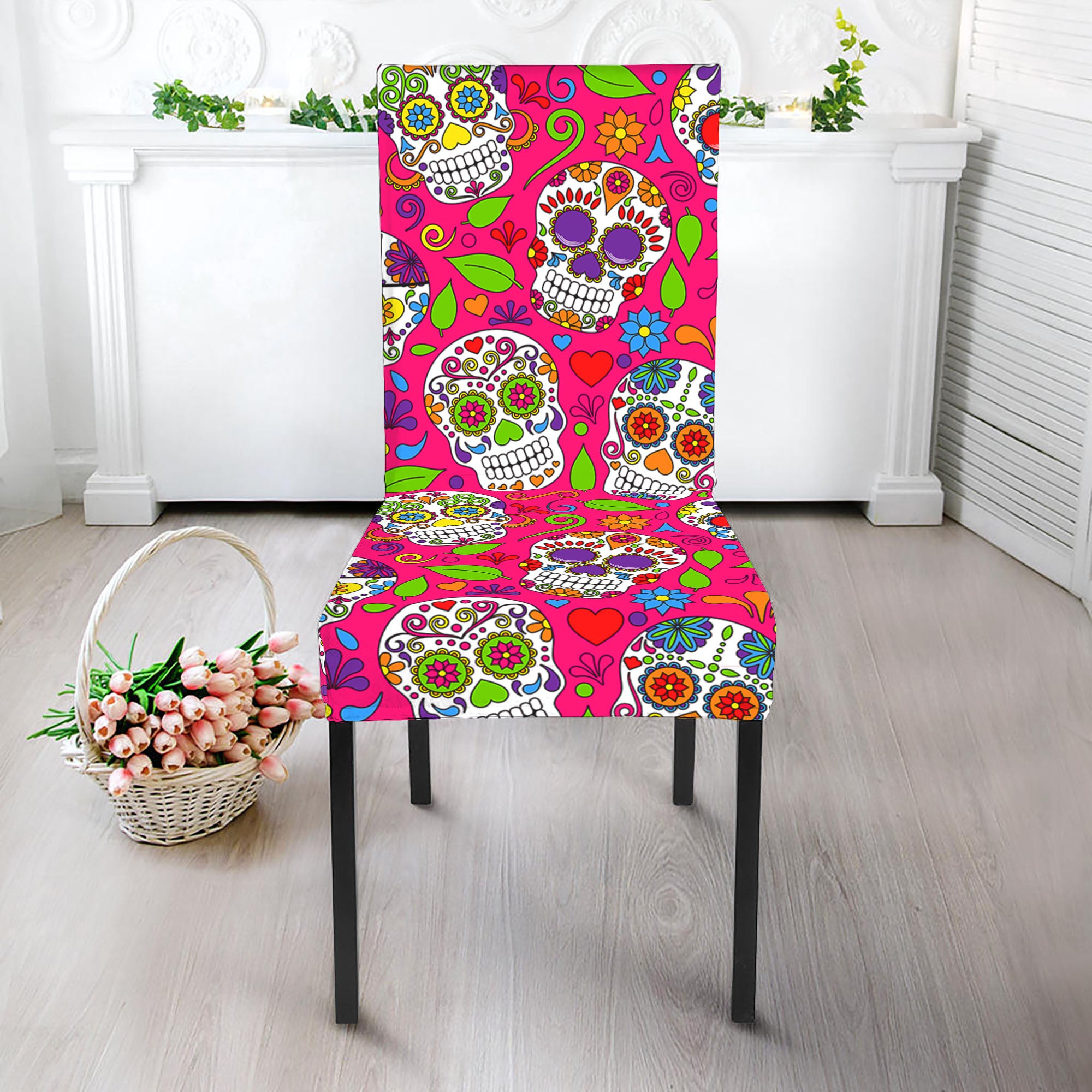 Pink Sugar Skull Pattern Print Dining Chair Slipcover