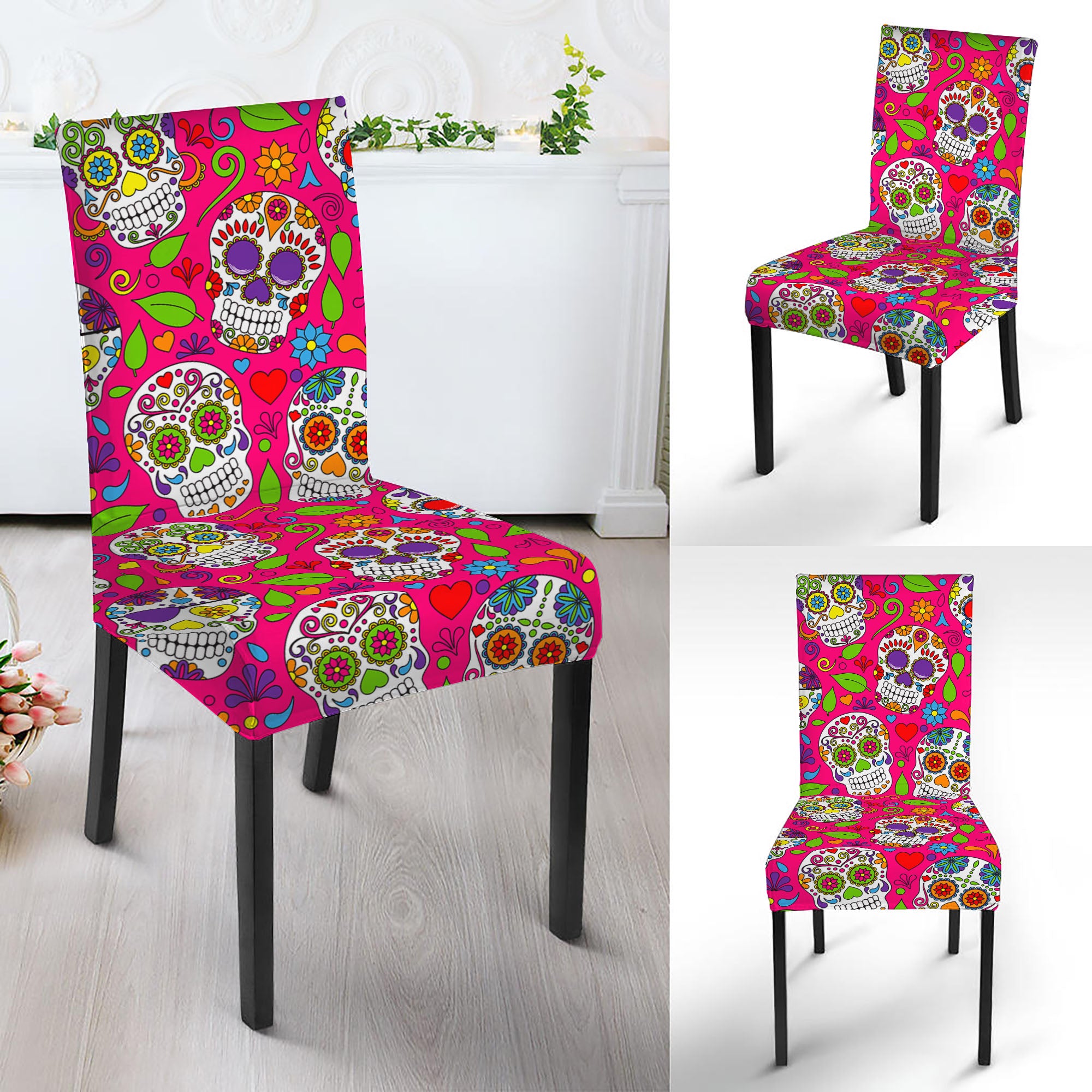 Pink Sugar Skull Pattern Print Dining Chair Slipcover