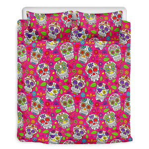 Pink Sugar Skull Pattern Print Duvet Cover Bedding Set