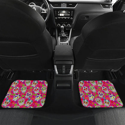 Pink Sugar Skull Pattern Print Front and Back Car Floor Mats