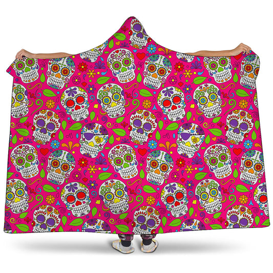 Pink Sugar Skull Pattern Print Hooded Blanket