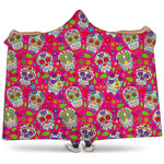 Pink Sugar Skull Pattern Print Hooded Blanket