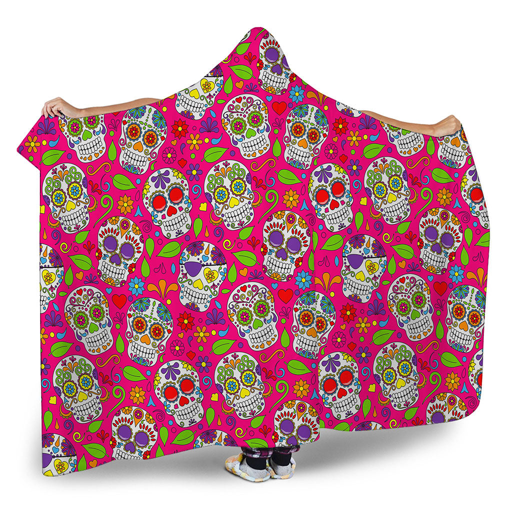 Pink Sugar Skull Pattern Print Hooded Blanket