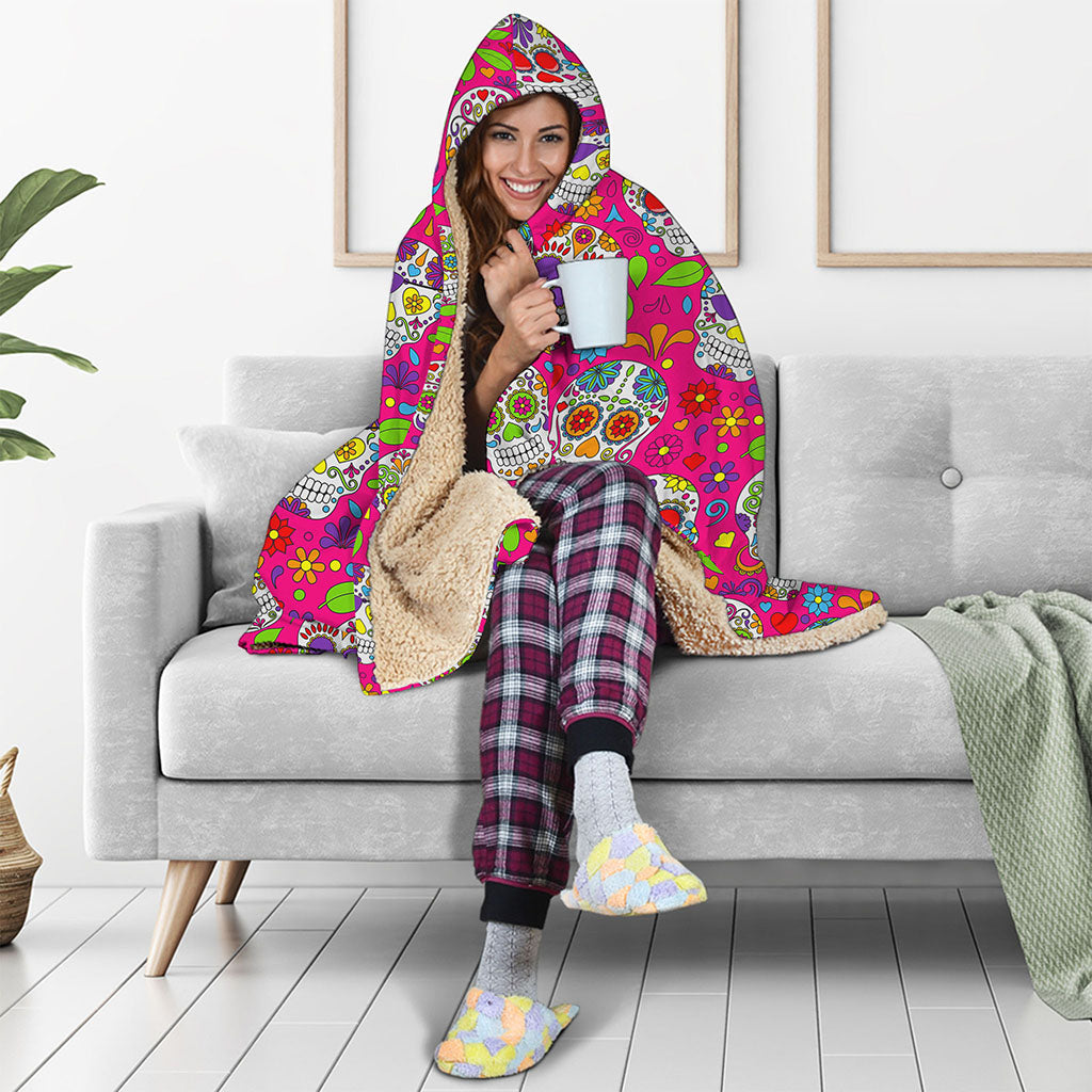 Pink Sugar Skull Pattern Print Hooded Blanket