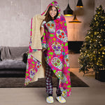 Pink Sugar Skull Pattern Print Hooded Blanket