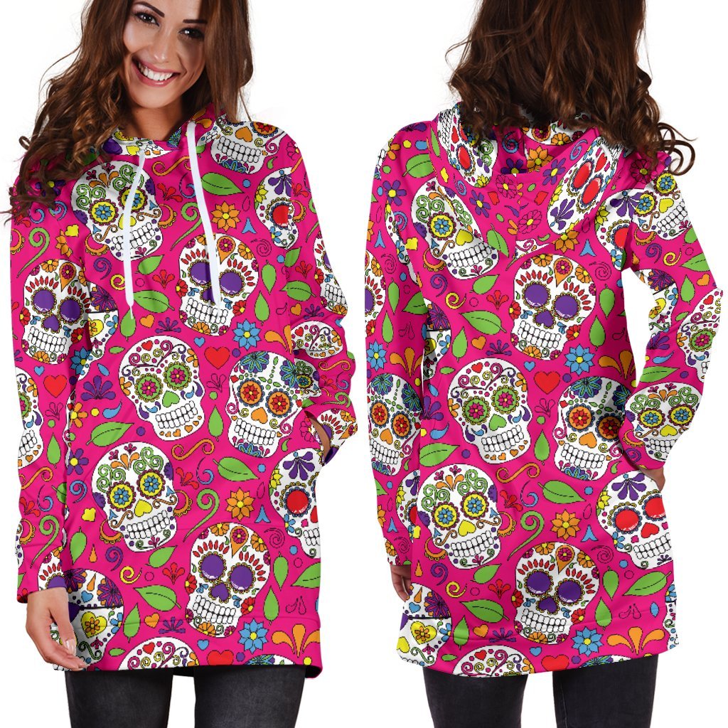 Pink Sugar Skull Pattern Print Hoodie Dress GearFrost