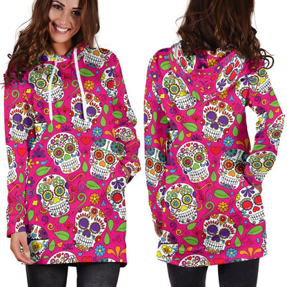 Pink Sugar Skull Pattern Print Hoodie Dress GearFrost