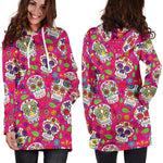 Pink Sugar Skull Pattern Print Hoodie Dress GearFrost