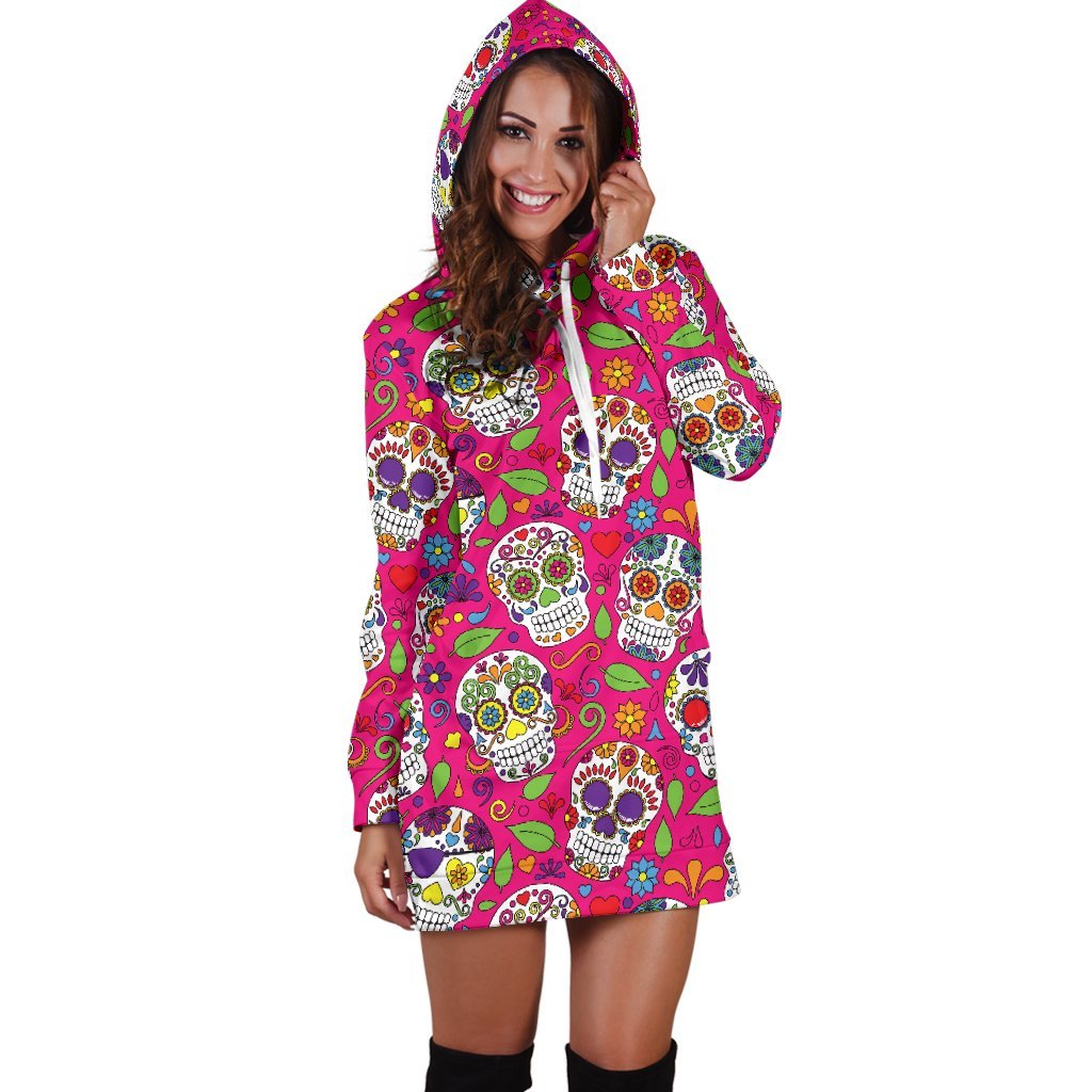 Pink Sugar Skull Pattern Print Hoodie Dress GearFrost