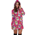 Pink Sugar Skull Pattern Print Hoodie Dress GearFrost