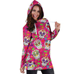 Pink Sugar Skull Pattern Print Hoodie Dress GearFrost