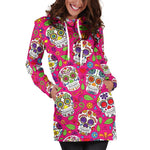 Pink Sugar Skull Pattern Print Hoodie Dress GearFrost