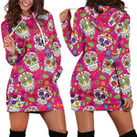 Pink Sugar Skull Pattern Print Hoodie Dress GearFrost