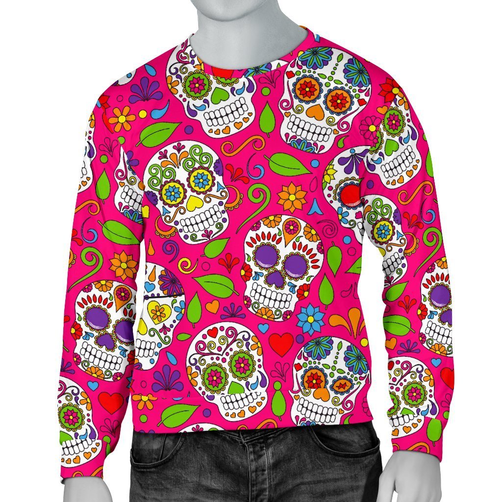 Pink Sugar Skull Pattern Print Men's Crewneck Sweatshirt GearFrost