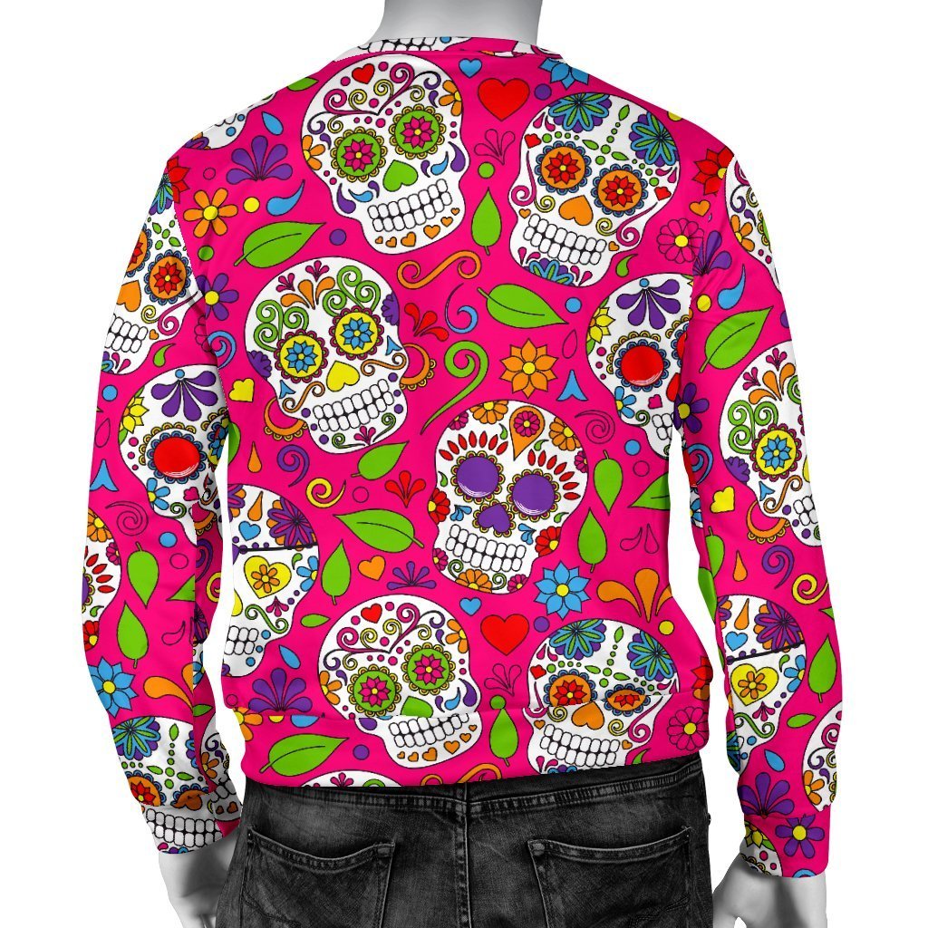 Pink Sugar Skull Pattern Print Men's Crewneck Sweatshirt GearFrost