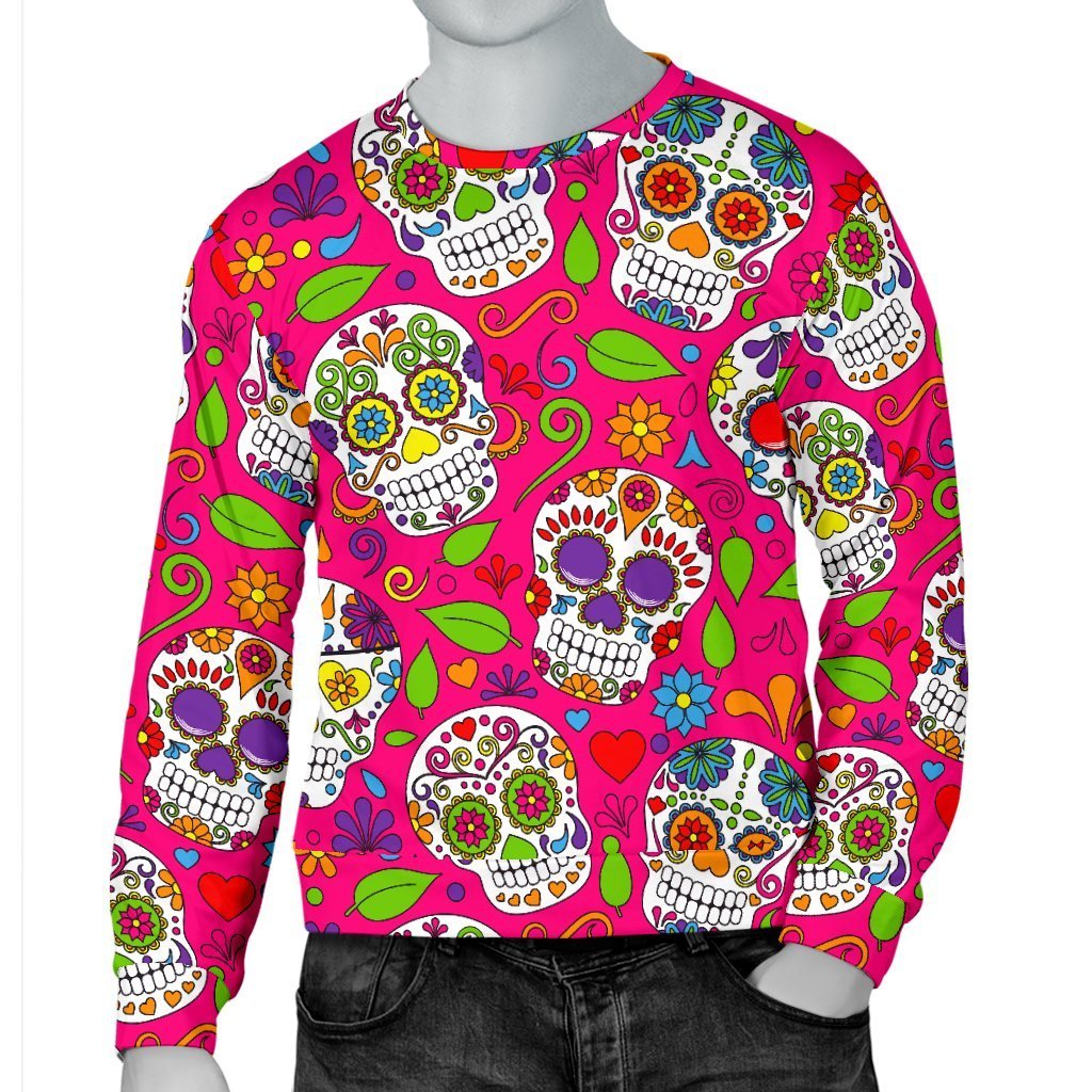 Pink Sugar Skull Pattern Print Men's Crewneck Sweatshirt GearFrost