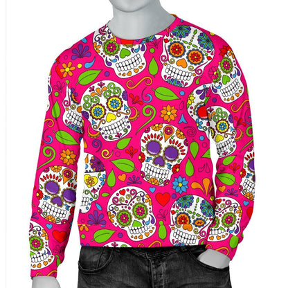 Pink Sugar Skull Pattern Print Men's Crewneck Sweatshirt GearFrost