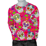 Pink Sugar Skull Pattern Print Men's Crewneck Sweatshirt GearFrost