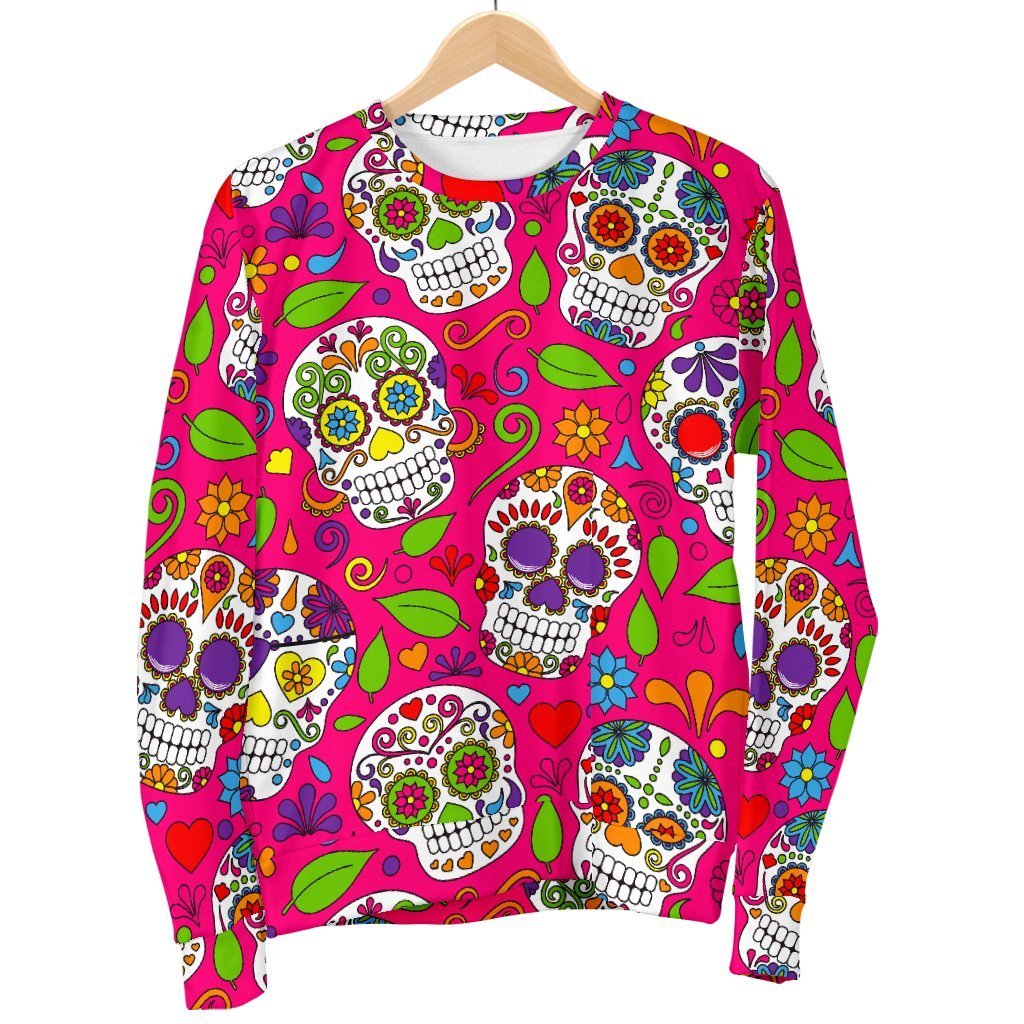 Pink Sugar Skull Pattern Print Men's Crewneck Sweatshirt GearFrost