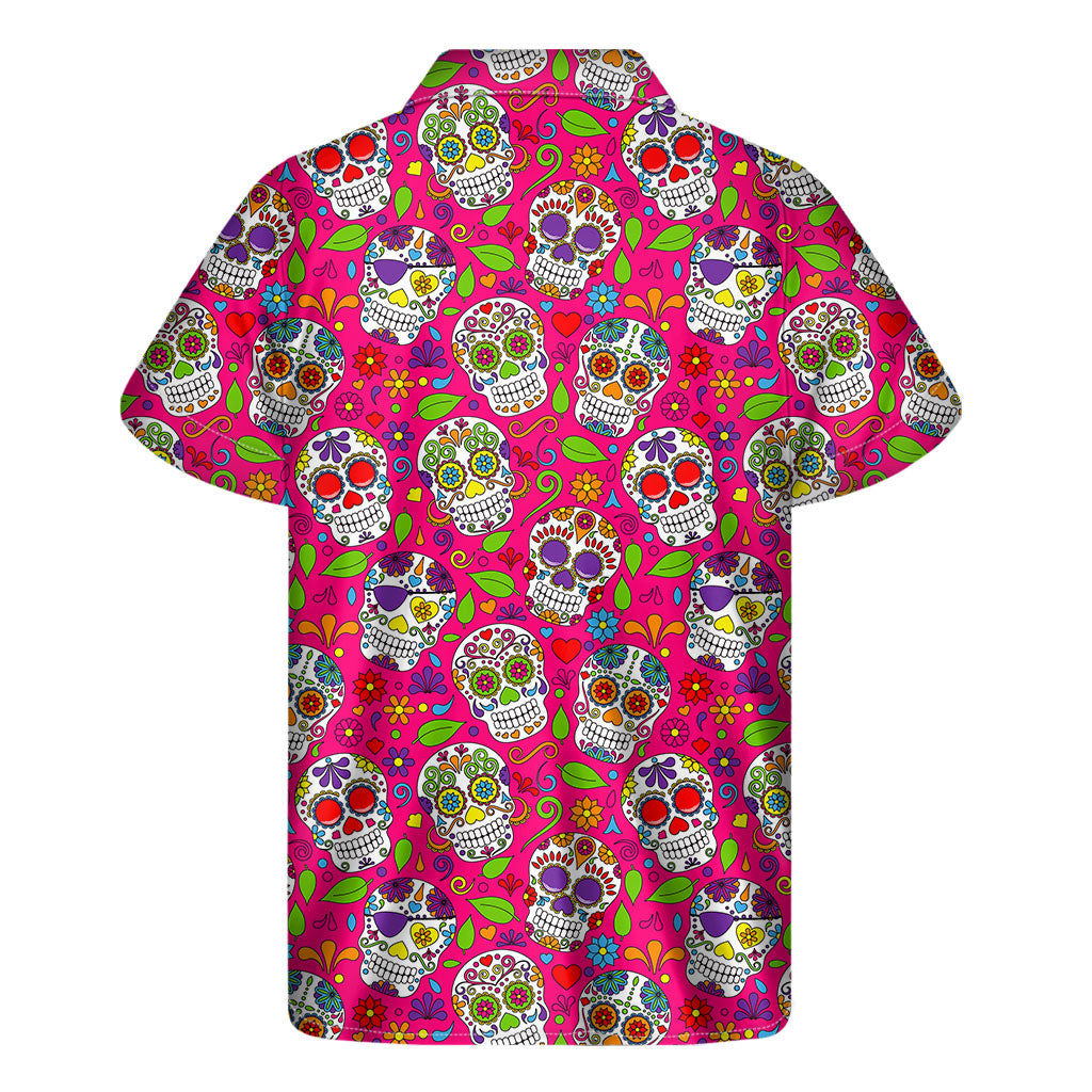 Pink Sugar Skull Pattern Print Men's Short Sleeve Shirt