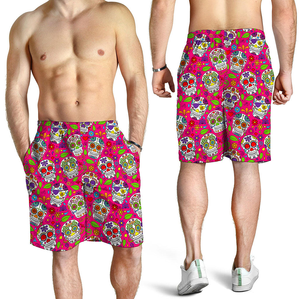 Pink Sugar Skull Pattern Print Men's Shorts