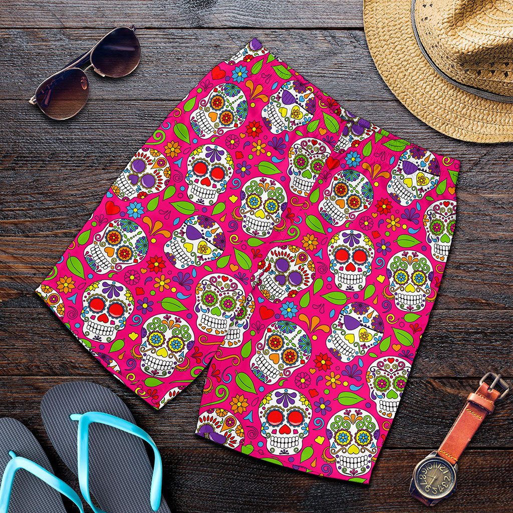 Pink Sugar Skull Pattern Print Men's Shorts