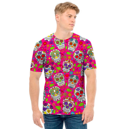 Pink Sugar Skull Pattern Print Men's T-Shirt