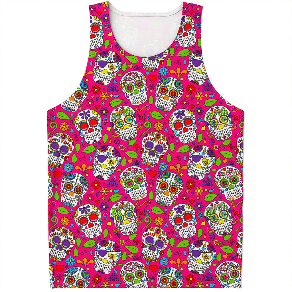 Pink Sugar Skull Pattern Print Men's Tank Top