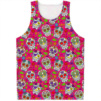 Pink Sugar Skull Pattern Print Men's Tank Top