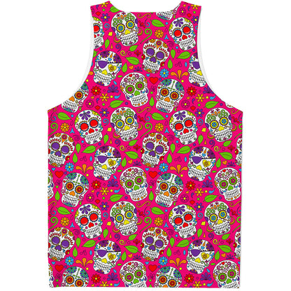 Pink Sugar Skull Pattern Print Men's Tank Top