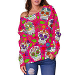 Pink Sugar Skull Pattern Print Off Shoulder Sweatshirt GearFrost
