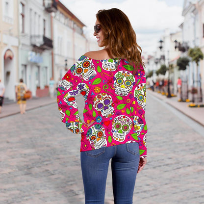 Pink Sugar Skull Pattern Print Off Shoulder Sweatshirt GearFrost