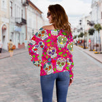 Pink Sugar Skull Pattern Print Off Shoulder Sweatshirt GearFrost