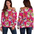 Pink Sugar Skull Pattern Print Off The Shoulder Sweatshirt