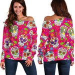 Pink Sugar Skull Pattern Print Off Shoulder Sweatshirt GearFrost