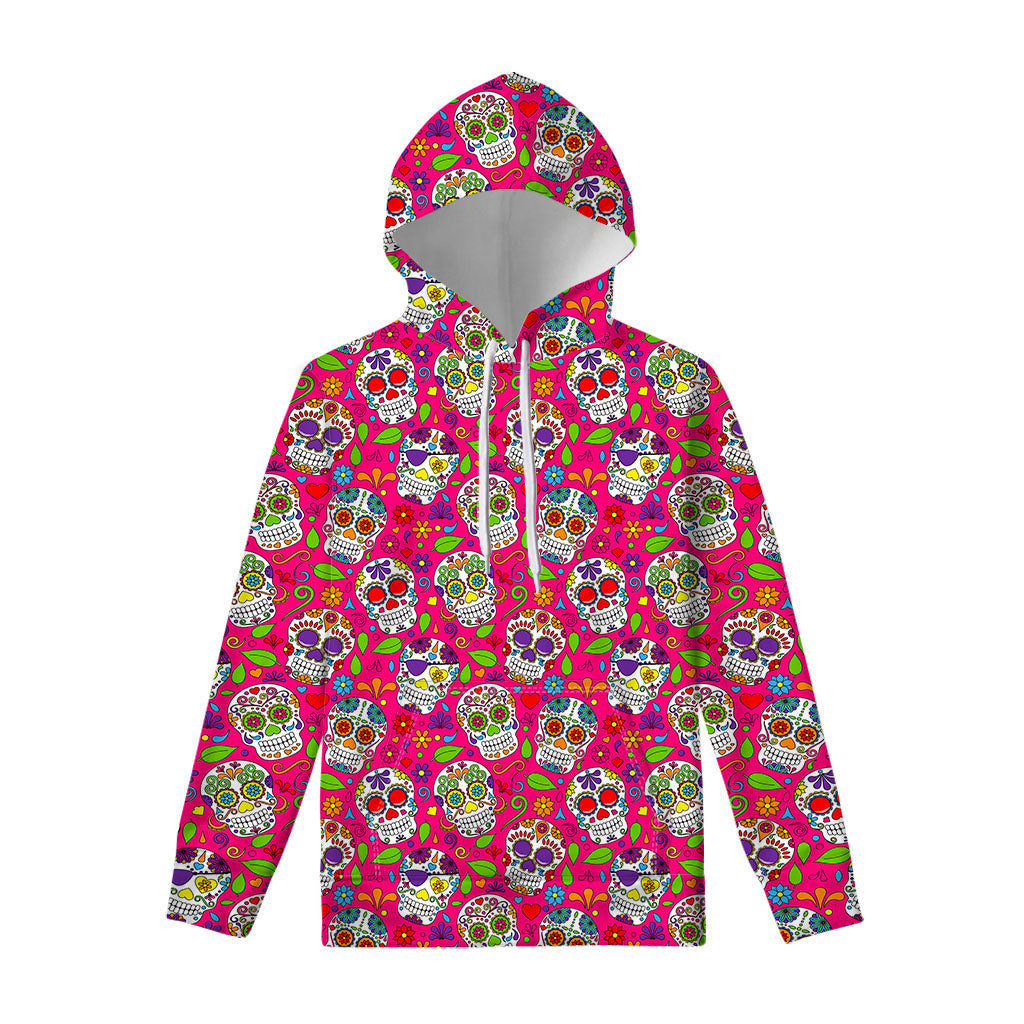 Pink Sugar Skull Pattern Print Pullover Hoodie