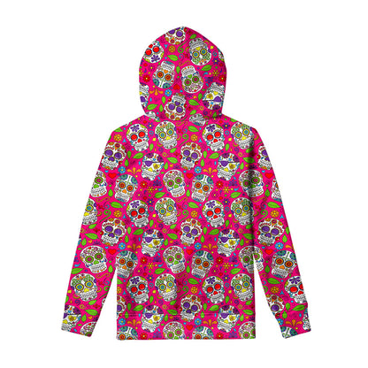 Pink Sugar Skull Pattern Print Pullover Hoodie