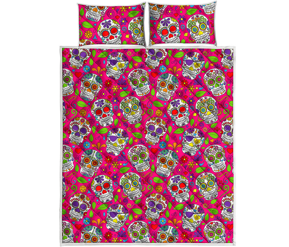 Pink Sugar Skull Pattern Print Quilt Bed Set