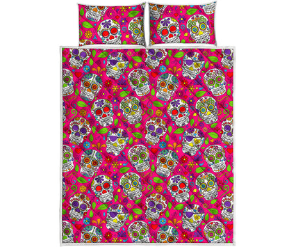 Pink Sugar Skull Pattern Print Quilt Bed Set