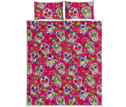 Pink Sugar Skull Pattern Print Quilt Bed Set